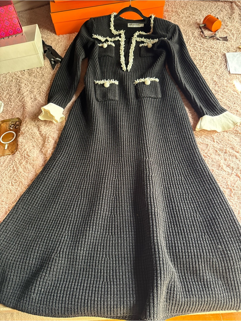 Self-Portrait Black Knit Long-Sleeve Midi Dress with Cream Trim